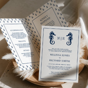 Invitación Código QR de boda de ancla náutica azul y caballit