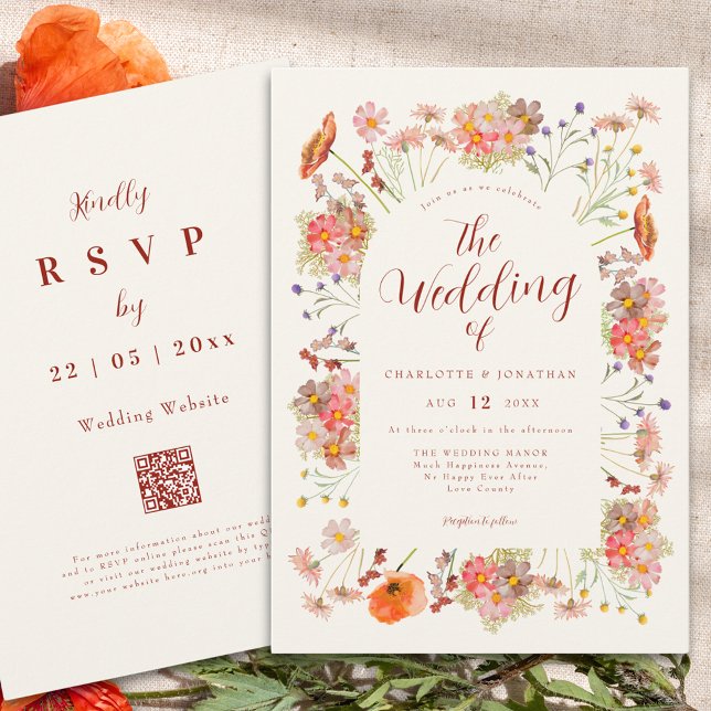 Invitación Código QR de Boda de Boho Wildflower (Boho wildflower elegant fall wedding qr code invitation )
