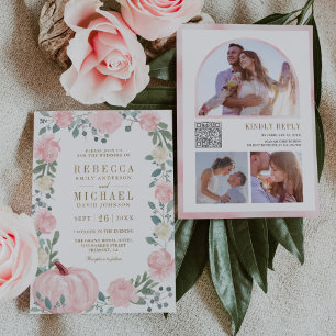 Invitación Código QR de Boda de Calabaza Floral Rosa Rubor Rú