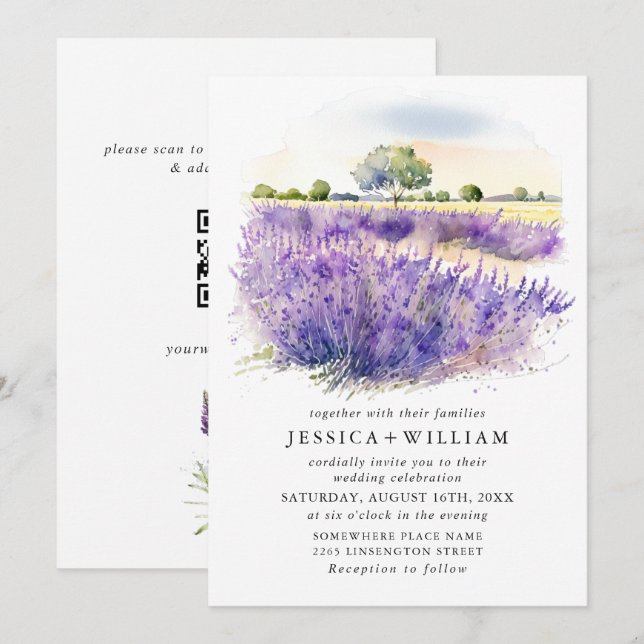 Invitación Código QR de boda de campo de flores de lavanda ac (Anverso / Reverso)