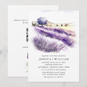 Invitación Código QR de boda de campo de flores de lavanda ac