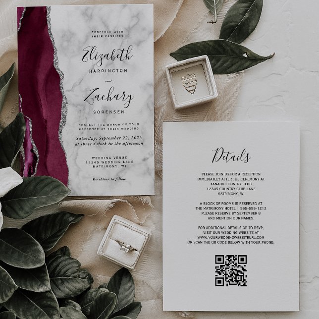 Invitación Código QR de boda de canica de ágata plateada de B (Subido por el creador)