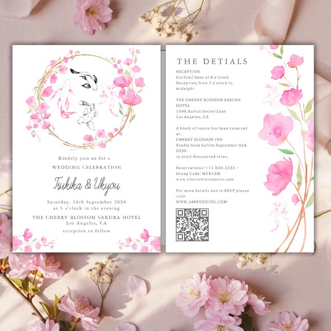 Invitación Código QR de boda de cerezo Koi Todo En Uno (Subido por el creador)
