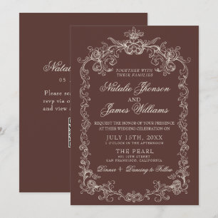 Invitación Código QR de Boda de Chocolate Marrón Vintage Dine