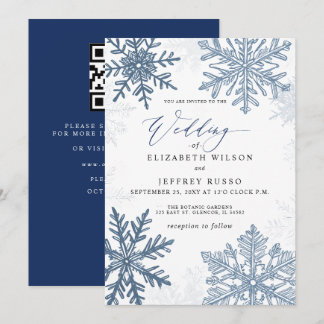 Invitación Código QR de boda de copos de nieve azules elegant