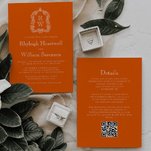 Invitación Código QR de boda de cresta de monograma Persimmon