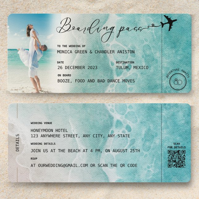 Invitación código QR de Boda de destino de Boda de Embarque e (QR code Wedding Invitation Boarding Pass Ocean Beach)