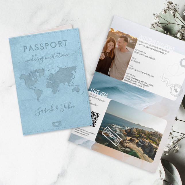 Invitación Código QR de Boda de Destino de Pasaporte Moderno (blue leather passport cover wedding invitation)