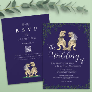 Invitación Código QR de Boda de Dinosaurio Elegante Azul Mari