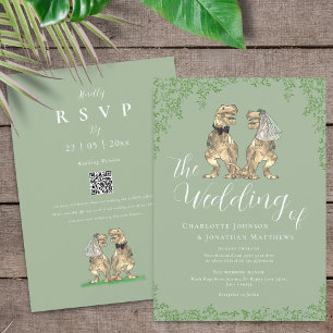 Invitación Código QR de Boda de Dinosaurio Elegante Verde Sal