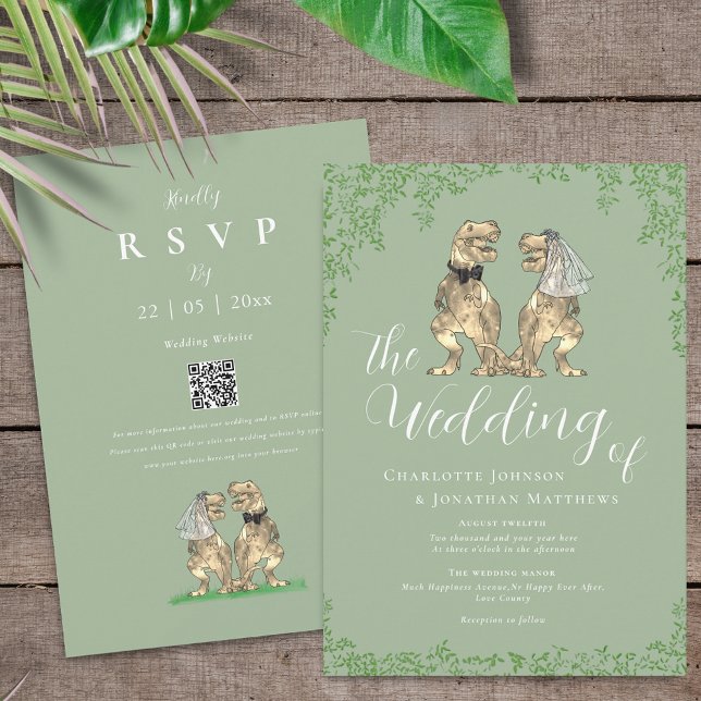 Invitación Código QR de Boda de Dinosaurio Elegante Verde Sal (Sage green T-Rex bride and groom dinosaur wedding invitation with rsvp qr code)