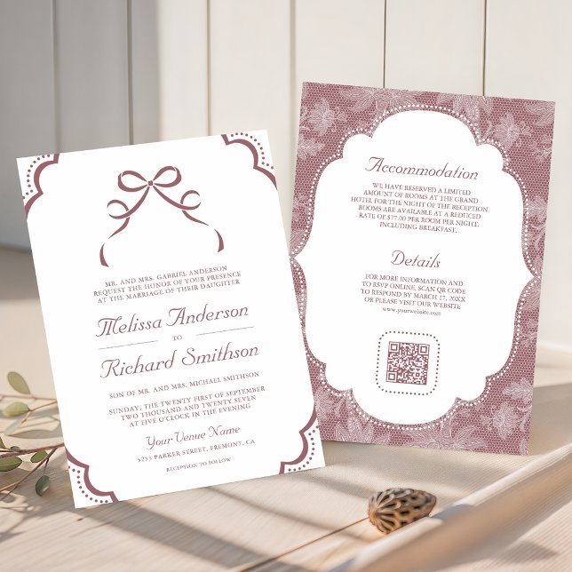 Invitación Código QR de boda de encaje blanco rosa polvorient (Subido por el creador)