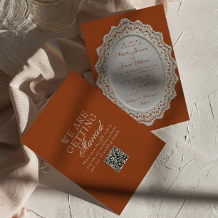 Invitación Código QR de Boda de Encaje de Terracota Naranja Q