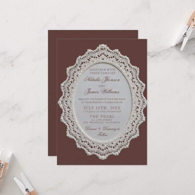 Invitación Código QR de Boda de Encaje Marrón Chocolate Vinta (Anverso/Reverso In Situ)