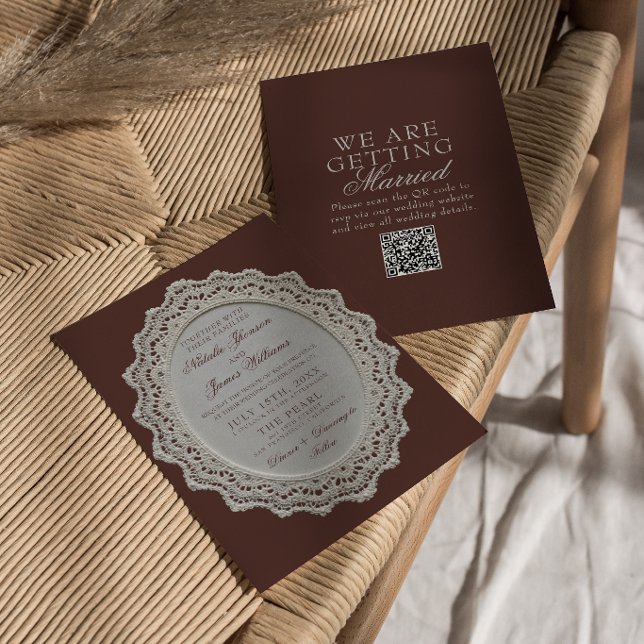 Invitación Código QR de Boda de Encaje Marrón Chocolate Vinta (Subido por el creador)