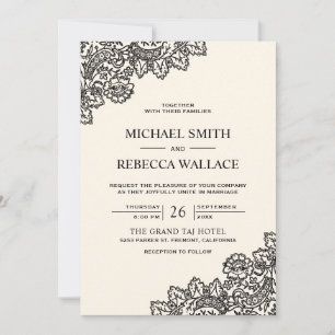 Invitación Código QR de boda de encaje negro marfil crema
