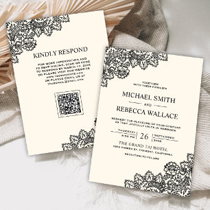 Invitación Código QR de boda de encaje negro marfil crema