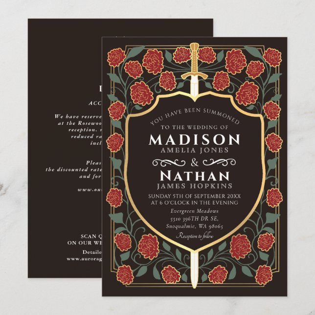 Invitación Código QR de boda de fantasía con escudo de espada (Anverso / Reverso)