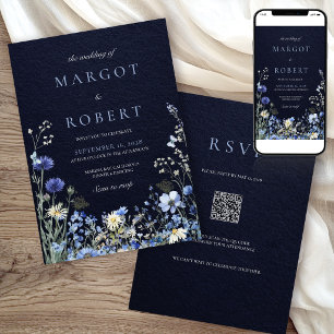Invitación Código QR de Boda de Flor Silvestre de Aciano Azul