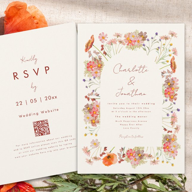 Invitación Código QR de Boda de Flores Silvestres Boho (Boho wildflower arch fall wedding invitation orange beige brown and burnt orange)