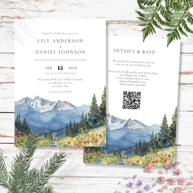 Invitación Código QR de boda de flores silvestres de montaña  (Watercolor Mountain Wildflower QR Code Wedding Invitation)