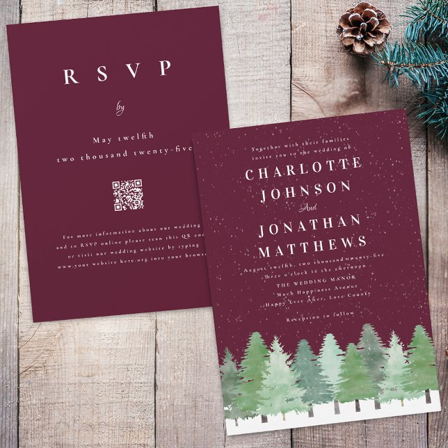 Invitación Código QR de Boda de Invierno de Bosque Moderno de (Modern Woodland snow forest burgundy and white winter wedding qr code invitation)