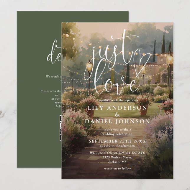 Invitación Código QR de boda de jardín rústico de amor (Anverso / Reverso)