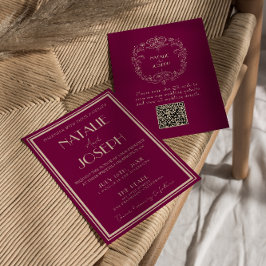 Invitación Código QR de Boda de Lujo Beige Vino Elegante Dine