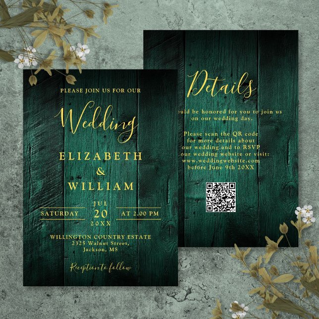 Invitación Código QR de boda de madera de granero rústico ver (Emerald Green Rustic Barn Wood Wedding QR Code Invitation)