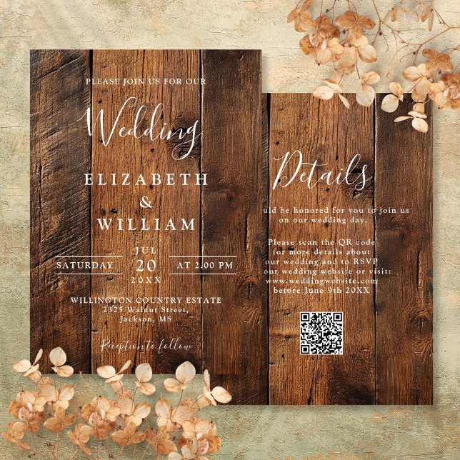 Invitación Código QR de boda de madera rústica moderna (Modern Rustic Barn Wood Wedding QR Code Invitation)