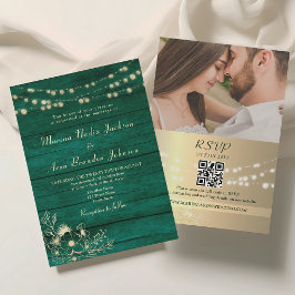 Invitación Código QR de boda de madera rústica verde esmerald
