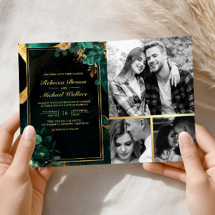 Invitación Código QR de Boda de Mármol Floral Dorado Verde Es
