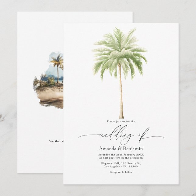 Invitación Código QR de Boda de Playa con Estilo Costero (Anverso / Reverso)