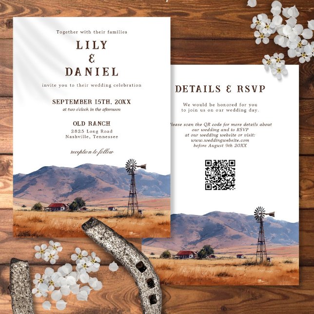 Invitación Código QR de Boda de Rancho Occidental con Acuarel (Watercolor Western Mountain Ranch QR Code Wedding Invitation)