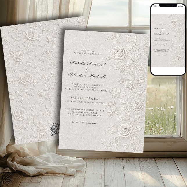 Invitación Código QR de boda de rosa en relieve falso de marf (Subido por el creador)