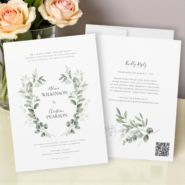 Invitación Código QR de boda de verde tradicional de eucalipt (Subido por el creador)