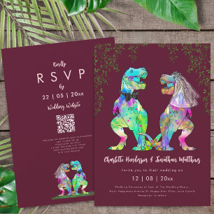 Invitación Código QR de Boda Dinosaurio Rosa Borgoña