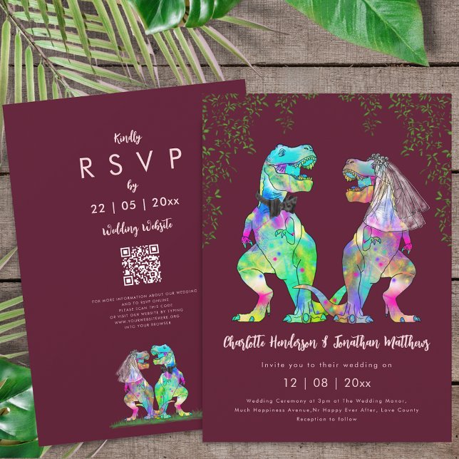 Invitación Código QR de Boda Dinosaurio Rosa Borgoña (Colorful T-Rex bride and groom dinosaur burgundy blush pink wedding qr code invitation)