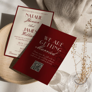 Invitación Código QR de boda elegante burgundy crema dinero a