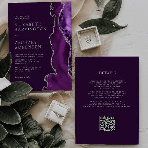 Invitación Código QR de Boda Elegante Ciruela de Plata con Ág