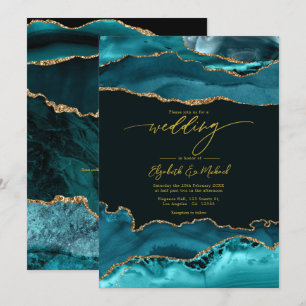 Invitación Código QR de Boda Elegante en Ágata Verde Azul y D