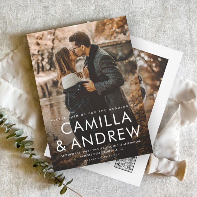 Invitación Código QR de boda elegante foto moderna (A minimal 2 photo wedding invitation with simple typographic overlay and QR Code rsvp on the back.)