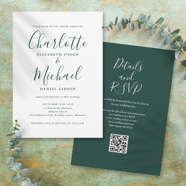 Invitación Código QR de Boda Elegante Verde Esmeralda (Emerald Green Elegant Script QR Code Wedding Invitation)
