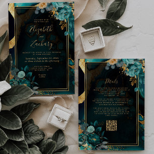 Invitación Código QR de boda en marco de oro con ágata teal f