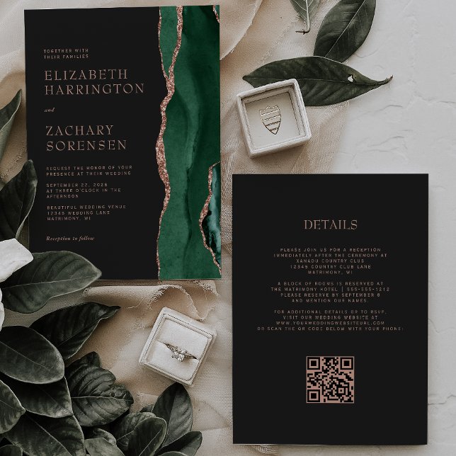 Invitación Código QR de Boda en Rosa Dorada con Ágata Verde E (Subido por el creador)