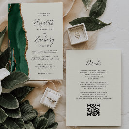 Invitación Código QR de Boda Esmeralda Verde Oro Ágata Marfil
