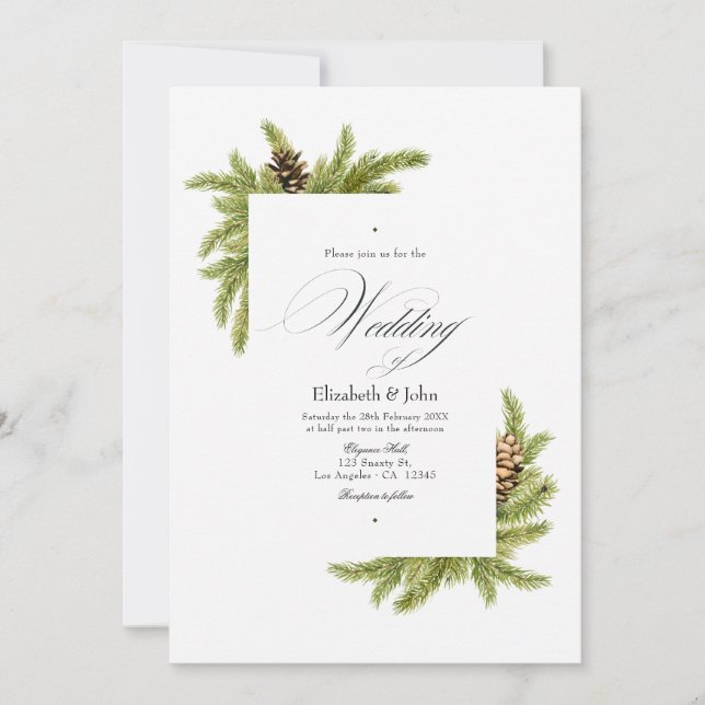 Invitación Código QR de Boda Evergreen Pines Winter Wonderlan (Anverso)