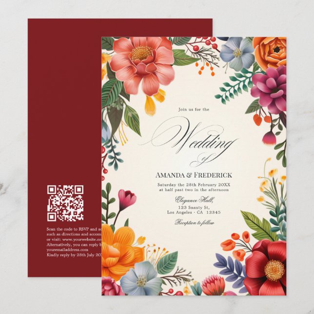 Invitación Código QR de Boda Fiesta Floral con Acuarelas Vibr (Anverso / Reverso)