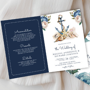 Invitación Código QR de boda floral azul marino acuarela ancl