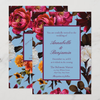 Invitación Código QR de boda floral azul polvoriento y burgun